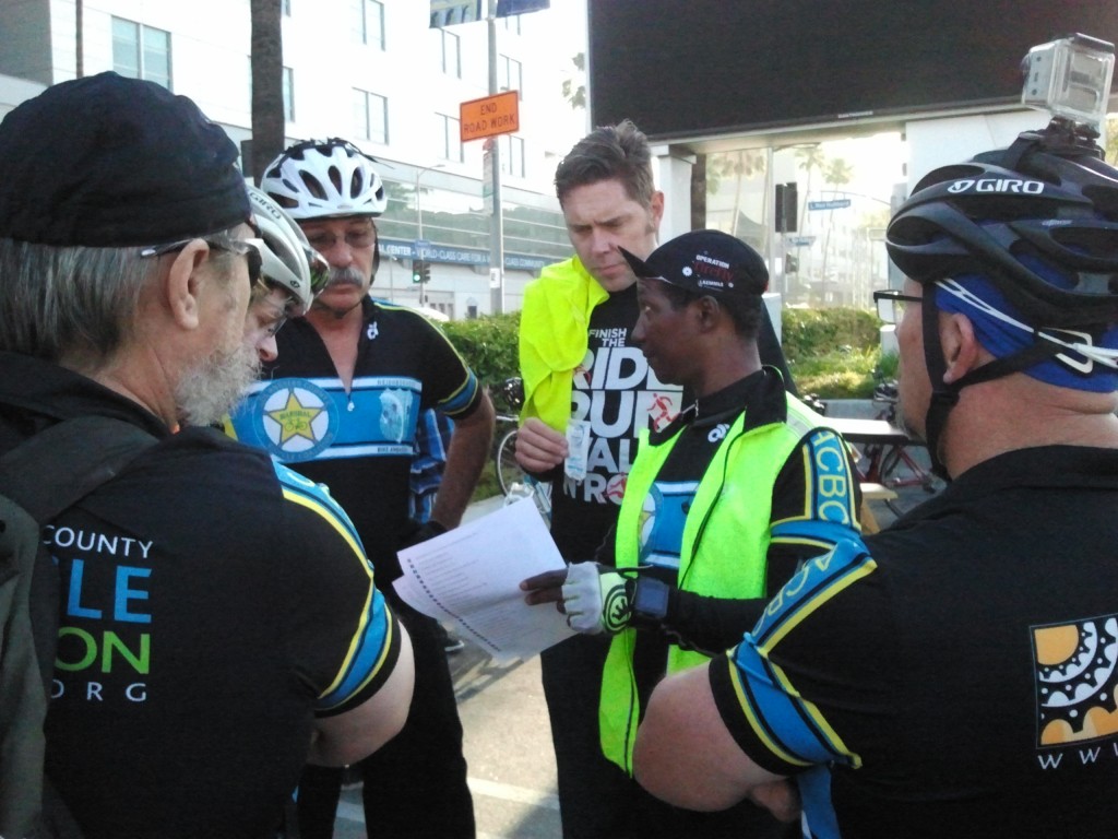 The ride marshals gathered before the start to discuss the routes and keeping the participants safe on streets that were shared with cars.